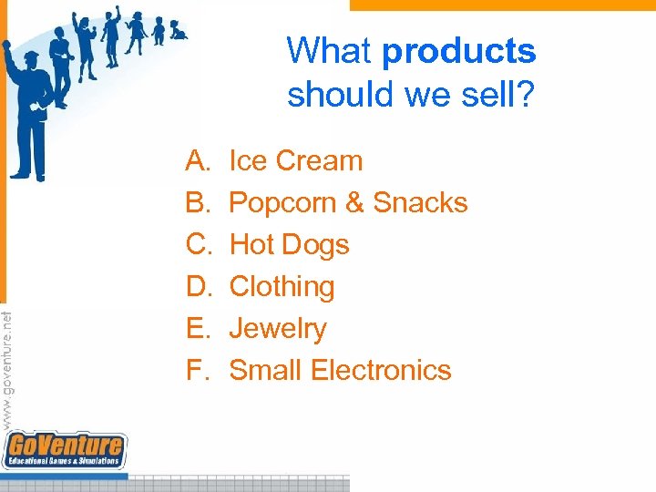 What products should we sell? A. B. C. D. E. F. Ice Cream Popcorn