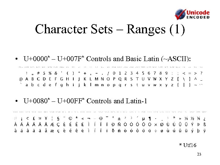 Character Sets – Ranges (1) • U+0000* – U+007 F* Controls and Basic Latin