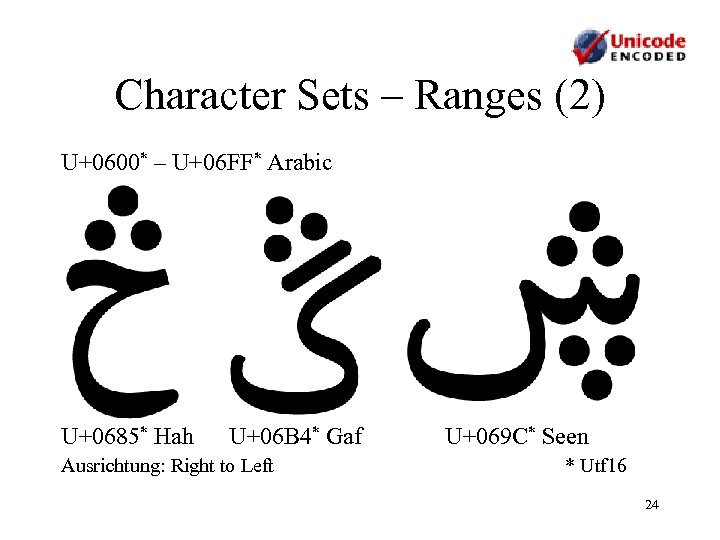 Character Sets – Ranges (2) U+0600* – U+06 FF* Arabic U+0685* Hah U+06 B
