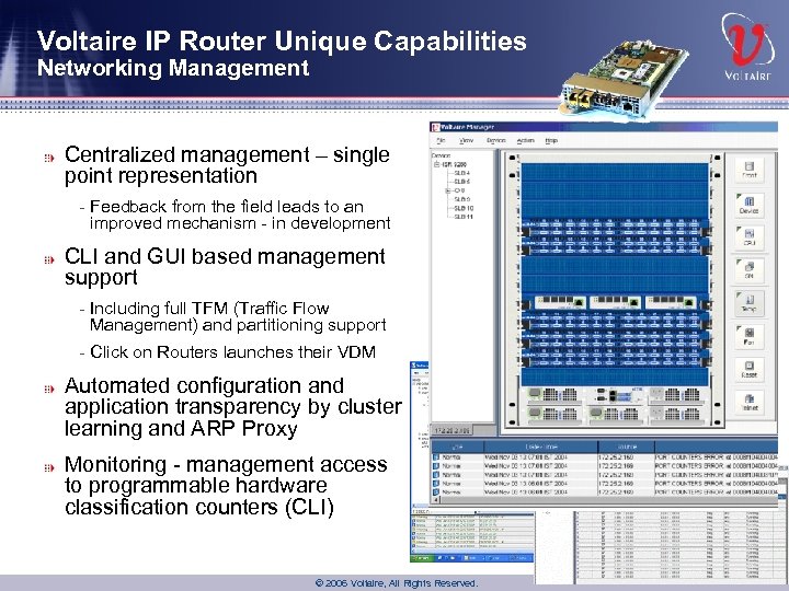Voltaire IP Router Unique Capabilities Networking Management Centralized management – single point representation -