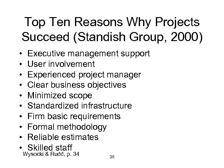 Top Ten Reasons Why Projects Succeed (Standish Group, 2000) • • • Executive management