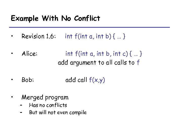 Example With No Conflict • Revision 1. 6: • Alice: • Bob: • Merged
