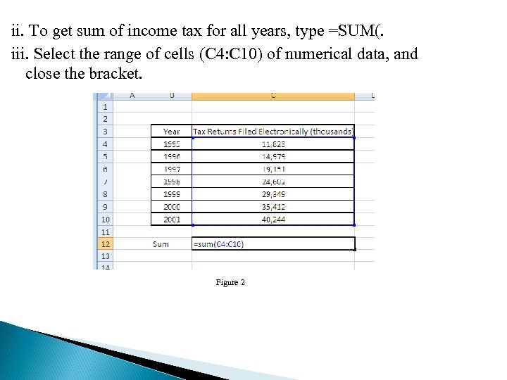 ii. To get sum of income tax for all years, type =SUM(. iii. Select