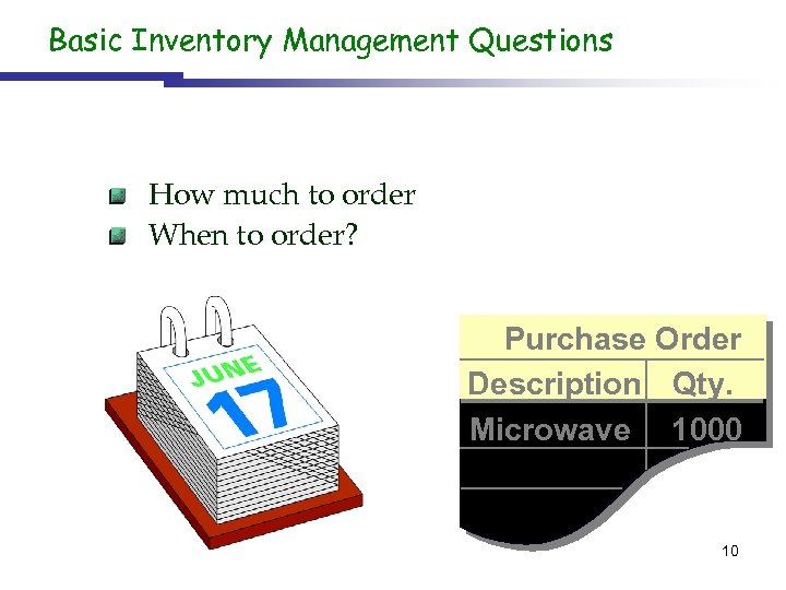 Basic Inventory Management Questions How much to order When to order? Purchase Order Description