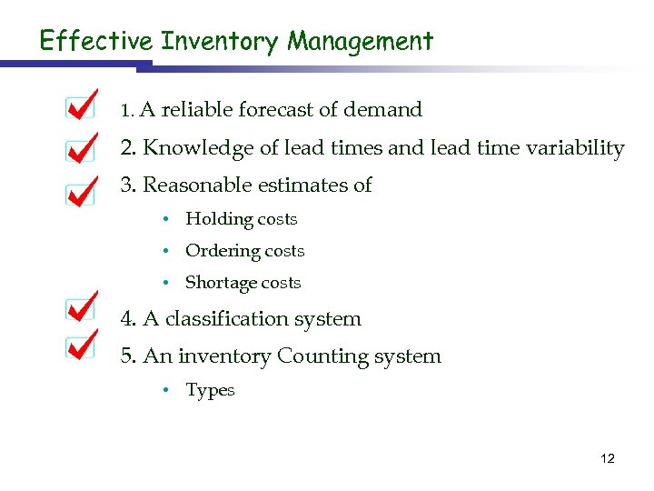 Effective Inventory Management 1. A reliable forecast of demand 2. Knowledge of lead times