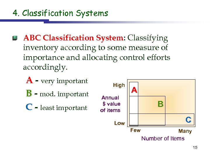 4. Classification Systems ABC Classification System: Classifying inventory according to some measure of importance