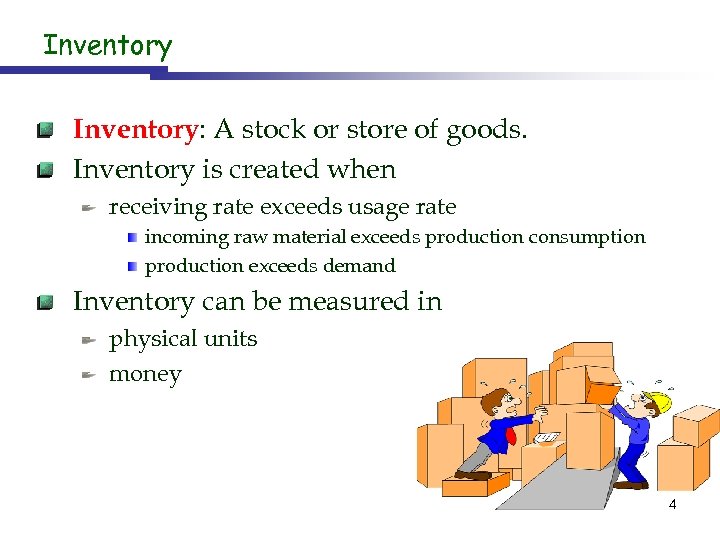 Inventory: A stock or store of goods. Inventory is created when receiving rate exceeds