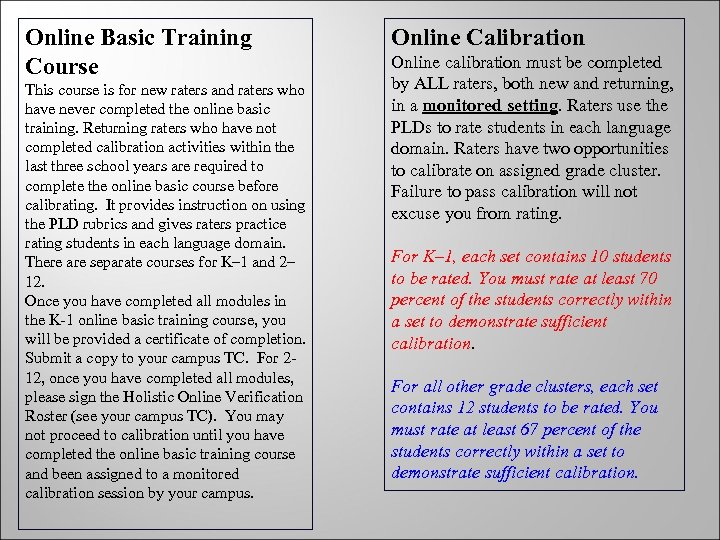 Online Basic Training Course This course is for new raters and raters who have