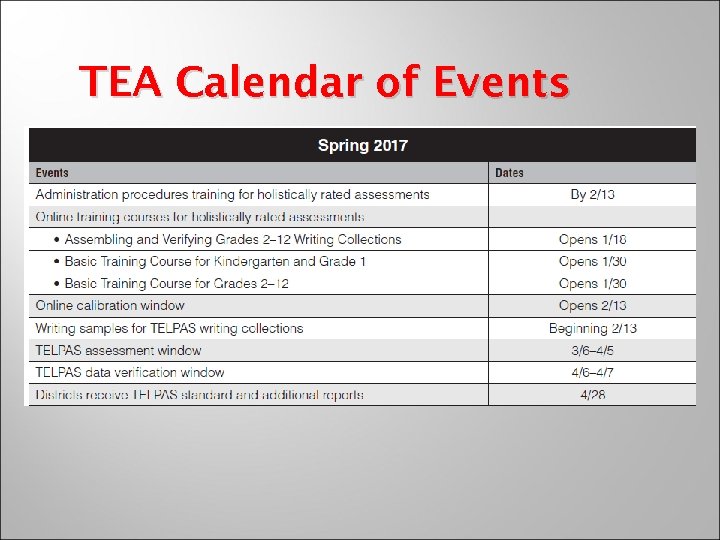 CAMPUS TRAINING TEA Calendar of Events