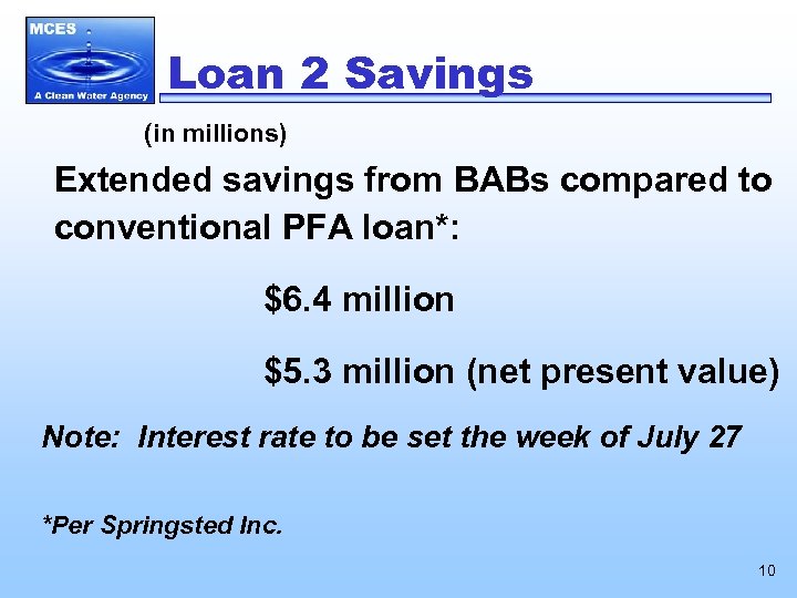 Loan 2 Savings (in millions) Extended savings from BABs compared to conventional PFA loan*: