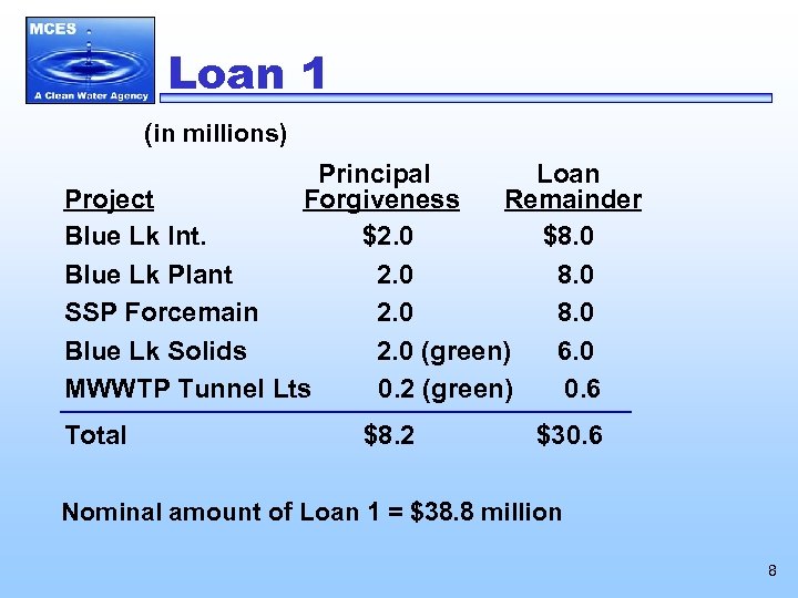 Loan 1 (in millions) Principal Loan Project Forgiveness Remainder Blue Lk Int. $2. 0