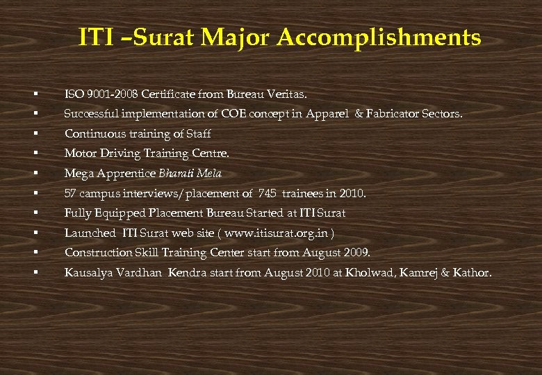 ITI –Surat Major Accomplishments § ISO 9001 -2008 Certificate from Bureau Veritas. § Successful
