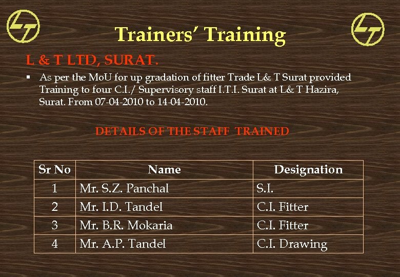 Trainers’ Training L & T LTD, SURAT. § As per the Mo. U for