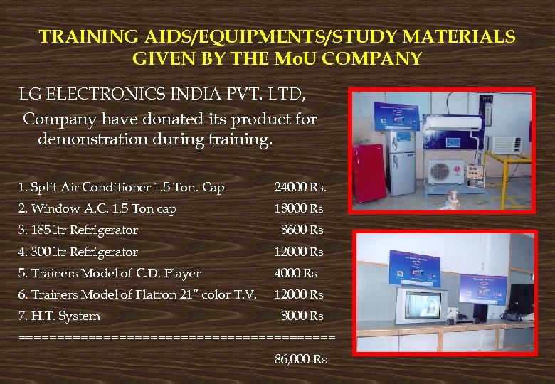 TRAINING AIDS/EQUIPMENTS/STUDY MATERIALS GIVEN BY THE Mo. U COMPANY LG ELECTRONICS INDIA PVT. LTD,