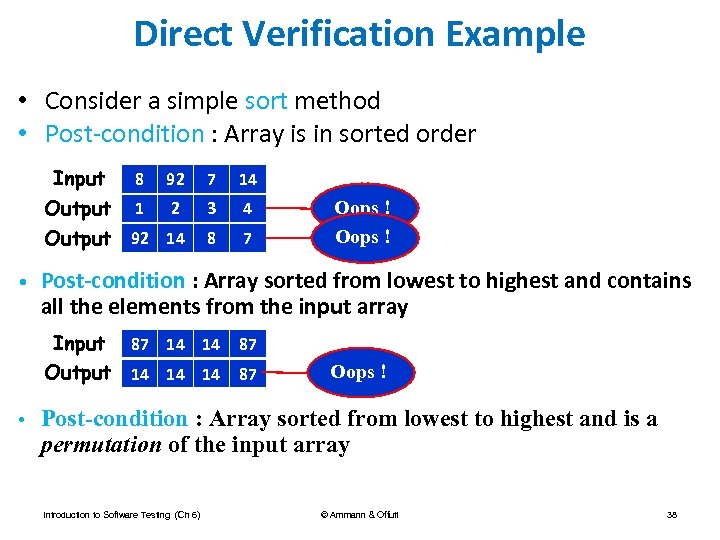 Direct Verification Example • Consider a simple sort method • Post-condition : Array is