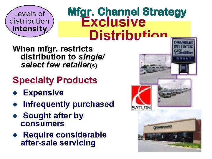 Levels of distribution intensity Mfgr. Channel Strategy Exclusive Distribution When mfgr. restricts distribution to