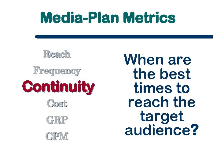 Media-Plan Metrics Reach Frequency Continuity Cost GRP CPM When are the best times to