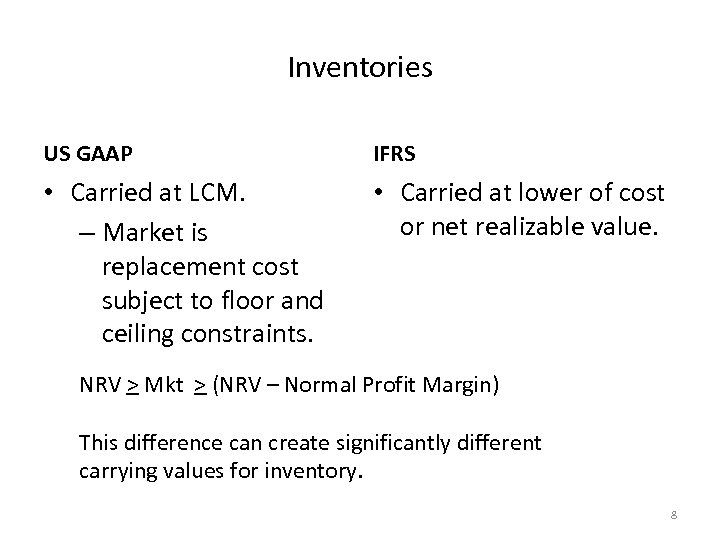 Inventories US GAAP IFRS • Carried at LCM. – Market is replacement cost subject