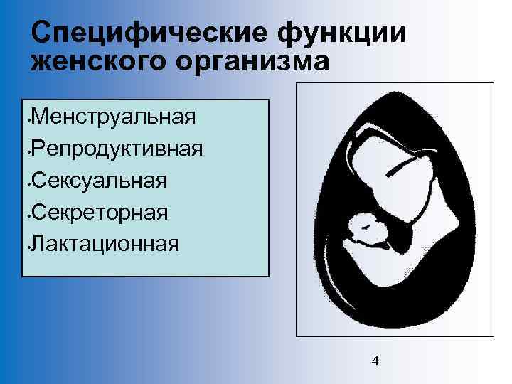 Специфические функции женского организма Менструальная • Репродуктивная • Сексуальная • Секреторная • Лактационная •