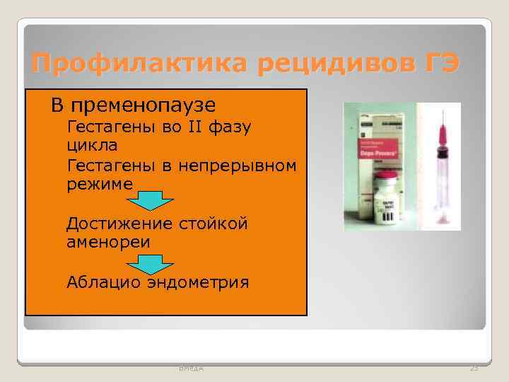 Профилактика рецидивов ГЭ В пременопаузе ◦ Гестагены во II фазу цикла ◦ Гестагены в