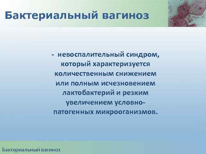 Бактериальный вагиноз - невоспалительный синдром, который характеризуется количественным снижением или полным исчезновением лактобактерий и
