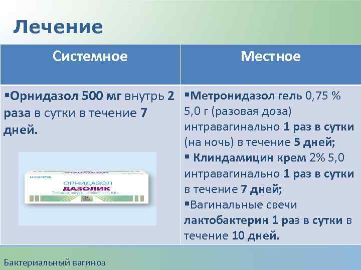 Лечение Системное Местное §Орнидазол 500 мг внутрь 2 §Метронидазол гель 0, 75 % 5,