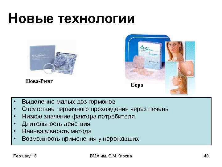 Новые технологии Нова-Ринг • • • Евра Выделение малых доз гормонов Отсутствие первичного прохождения