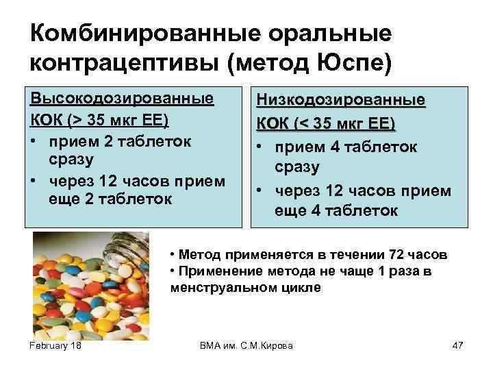 Комбинированные оральные контрацептивы (метод Юспе) Высокодозированные КОК (> 35 мкг ЕЕ) • прием 2
