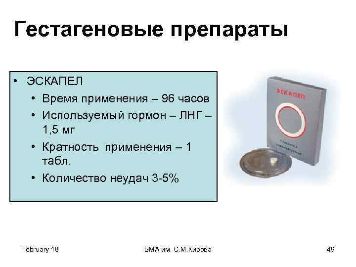 Гестагеновые препараты • ЭСКАПЕЛ • Время применения – 96 часов • Используемый гормон –