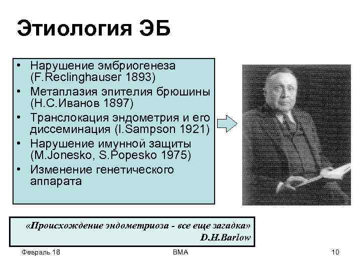 Этиология ЭБ • Нарушение эмбриогенеза (F. Reclinghauser 1893) • Метаплазия эпителия брюшины (Н. С.