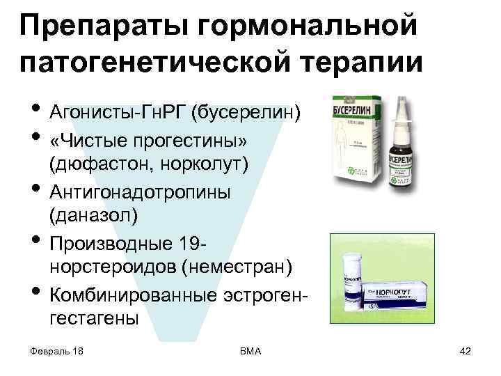 Препараты гормональной патогенетической терапии • Агонисты-Гн. РГ (бусерелин) • «Чистые прогестины» • • •