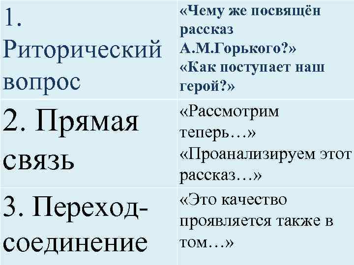 1. Риторический вопрос «Чему же посвящён рассказ А. М. Горького? » «Как поступает наш