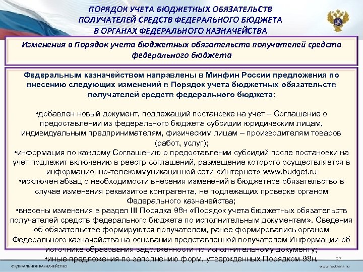 ПОРЯДОК УЧЕТА БЮДЖЕТНЫХ ОБЯЗАТЕЛЬСТВ ПОЛУЧАТЕЛЕЙ СРЕДСТВ ФЕДЕРАЛЬНОГО БЮДЖЕТА В ОРГАНАХ ФЕДЕРАЛЬНОГО КАЗНАЧЕЙСТВА Изменения в