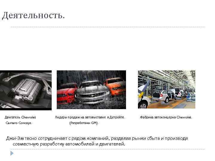 Деятельность. Двигатель Chevrolet Camaro Concept. Лидеры продаж на автовыставке в Детройте. Фабрика автоконцерна Chevrolet.