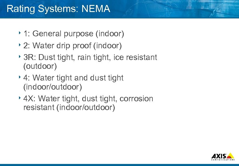 Rating Systems: NEMA 8 1: General purpose (indoor) 8 2: Water drip proof (indoor)
