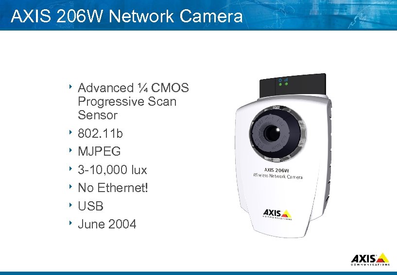 AXIS 206 W Network Camera 8 Advanced ¼ CMOS Progressive Scan Sensor 8 802.