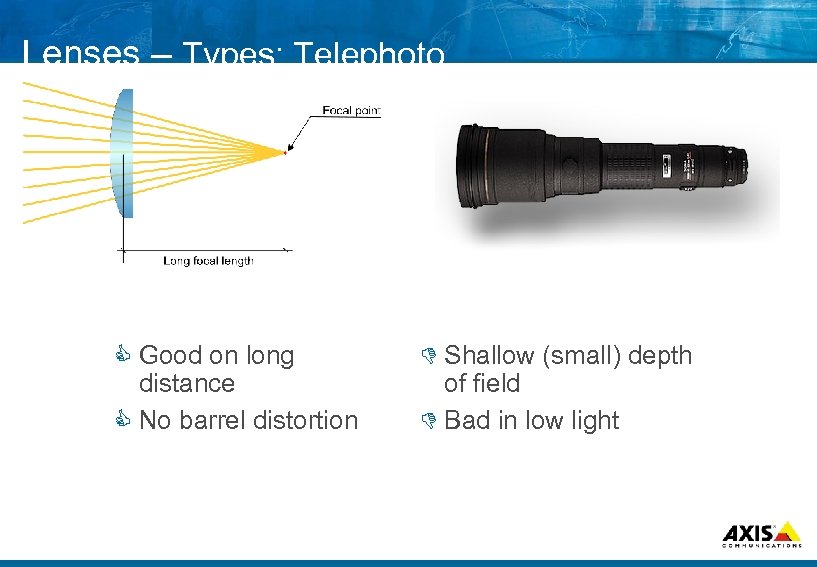 Lenses – Types: Telephoto C Good on long distance C No barrel distortion D