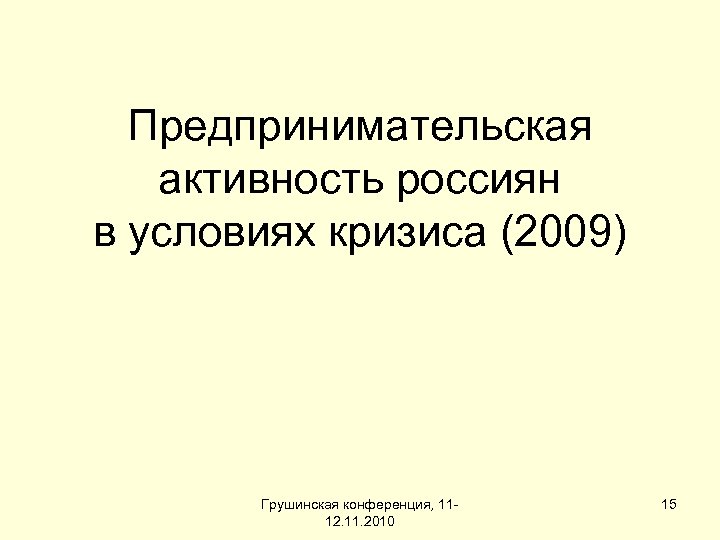 Предпринимательская активность россиян в условиях кризиса (2009) Грушинская конференция, 1112. 11. 2010 15 