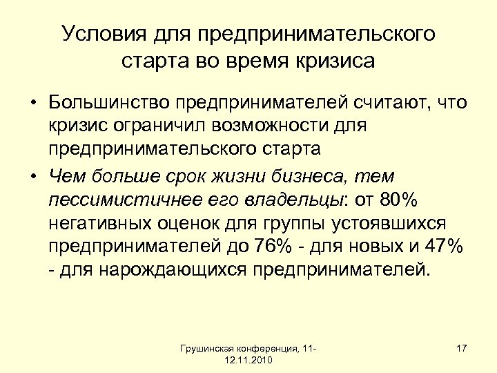 Условия для предпринимательского старта во время кризиса • Большинство предпринимателей считают, что кризис ограничил