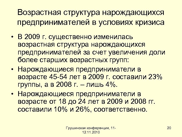 Возрастная структура нарождающихся предпринимателей в условиях кризиса • В 2009 г. существенно изменилась возрастная
