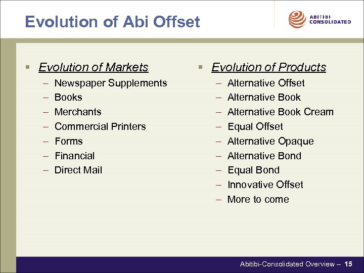 Evolution of Abi Offset § Evolution of Markets – – – – Newspaper Supplements