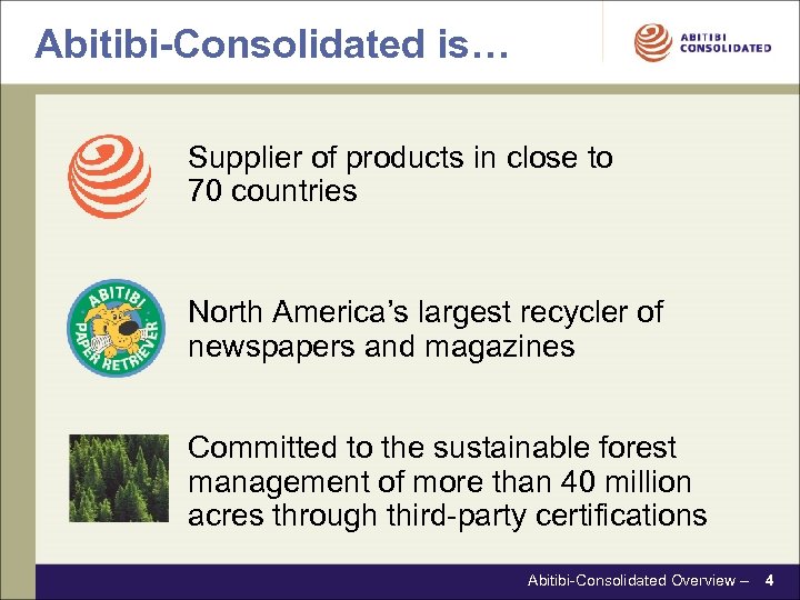 Abitibi-Consolidated is… Supplier of products in close to 70 countries North America’s largest recycler