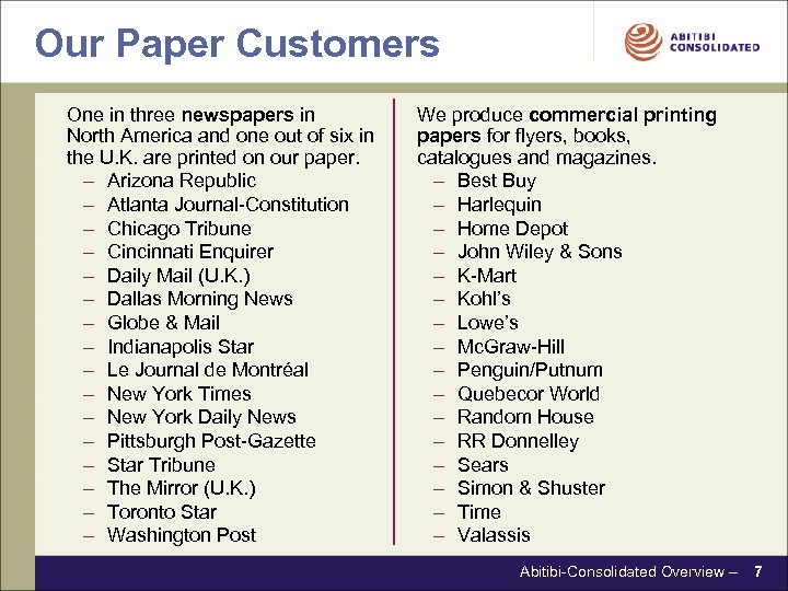 Our Paper Customers One in three newspapers in North America and one out of