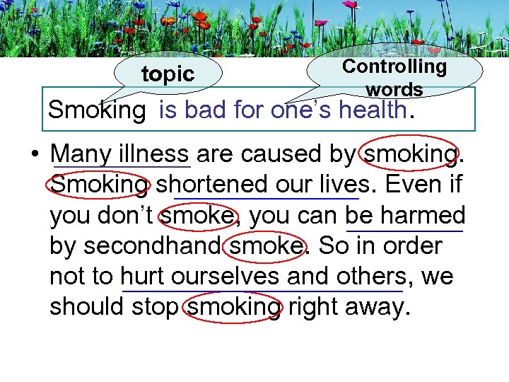 topic Controlling words Smoking is bad for one’s health. • Many illness are caused