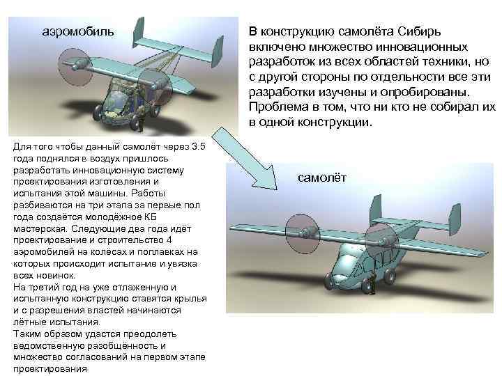 аэромобиль Для того чтобы данный самолёт через 3. 5 года поднялся в воздух пришлось