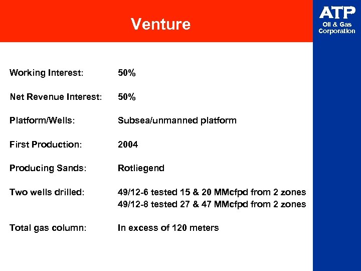 Venture Working Interest: 50% Net Revenue Interest: 50% Platform/Wells: Subsea/unmanned platform First Production: 2004