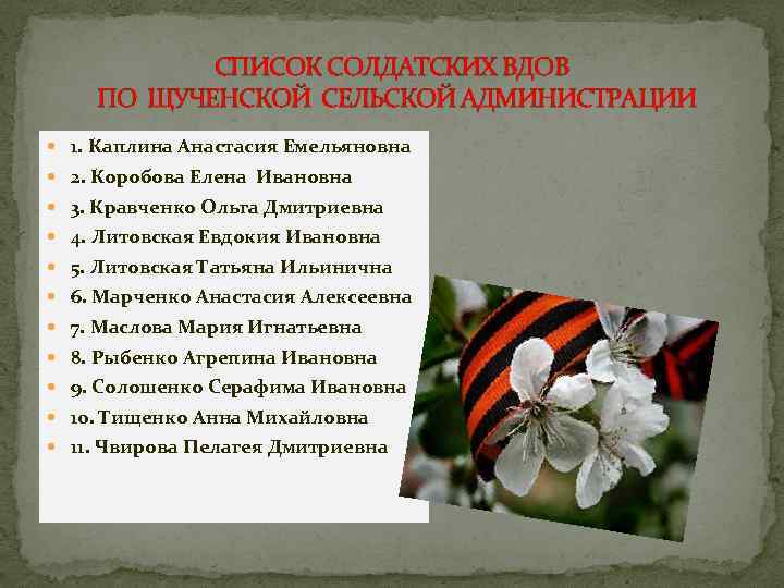 СПИСОК СОЛДАТСКИХ ВДОВ ПО ЩУЧЕНСКОЙ СЕЛЬСКОЙ АДМИНИСТРАЦИИ 1. Каплина Анастасия Емельяновна 2. Коробова Елена