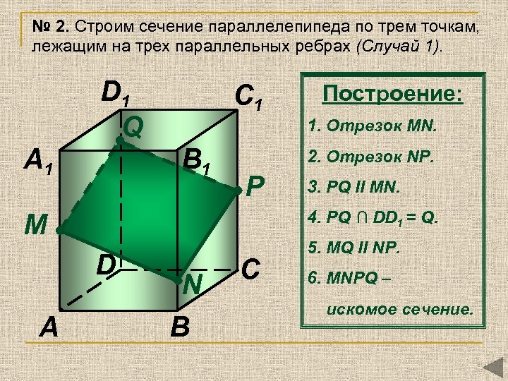 № 2. Строим сечение параллелепипеда по трем точкам, лежащим на трех параллельных ребрах (Случай