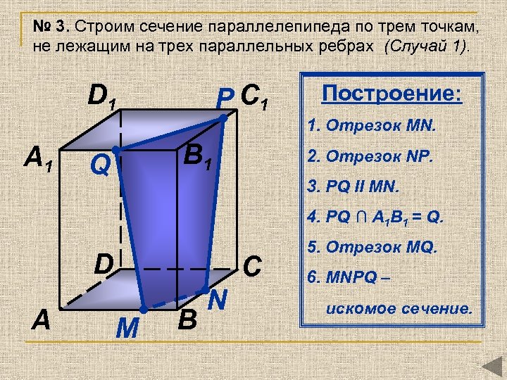 № 3. Строим сечение параллелепипеда по трем точкам, не лежащим на трех параллельных ребрах