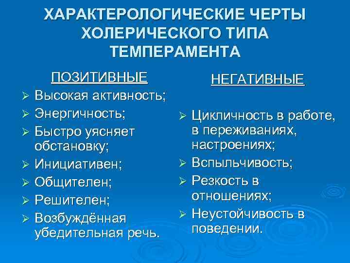 ХАРАКТЕРОЛОГИЧЕСКИЕ ЧЕРТЫ ХОЛЕРИЧЕСКОГО ТИПА ТЕМПЕРАМЕНТА ПОЗИТИВНЫЕ Ø Высокая активность; Ø Энергичность; Ø Быстро уясняет